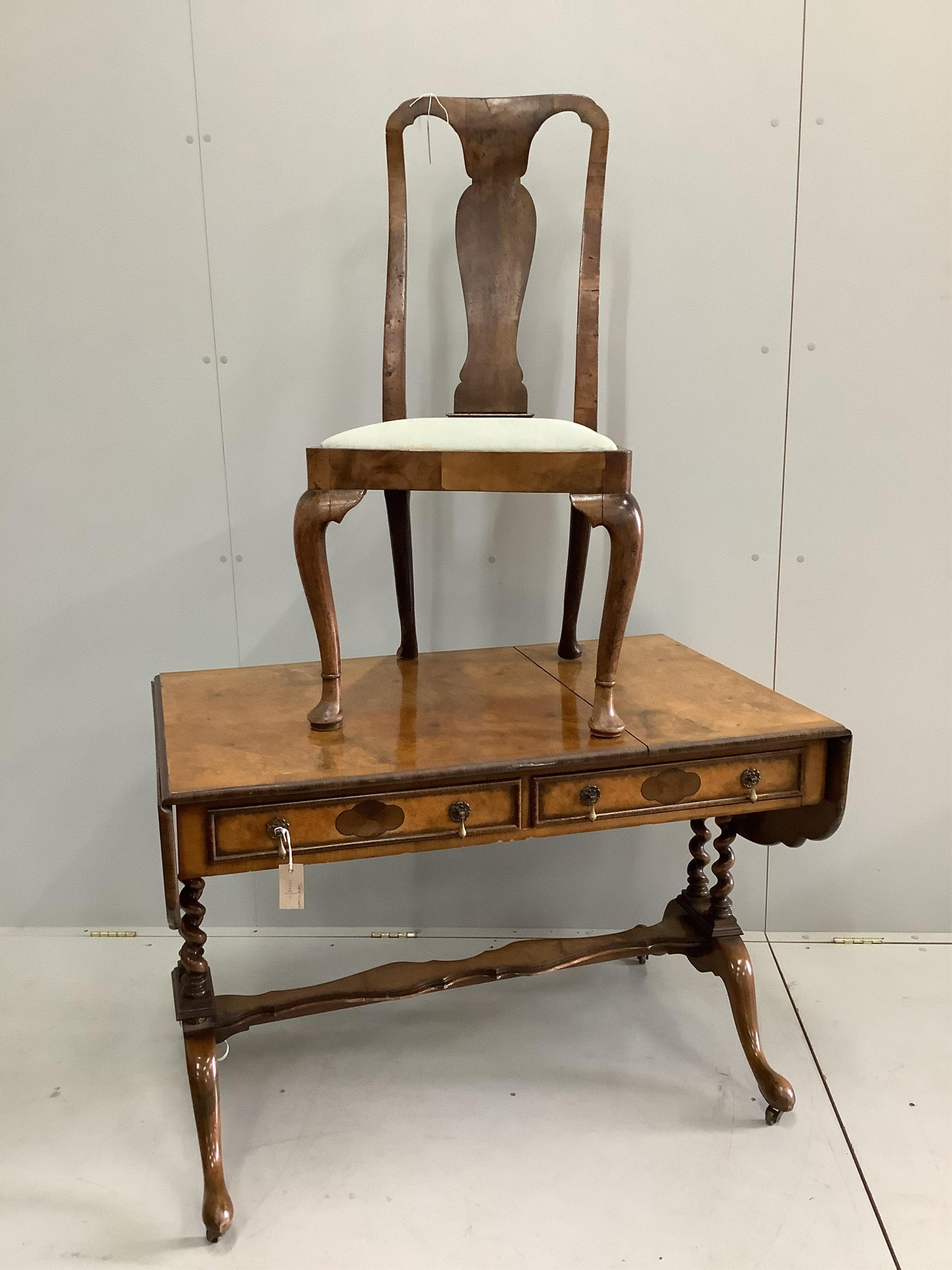 A Queen Anne Revival walnut sofa table, width 109cm, depth 68cm, height 75cm together with a walnut side chair. Condition - fair